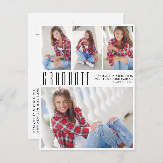 トレンディーモダンホワイト卒業4フォトコラージュ インビテーションポストカード (正面/裏面)