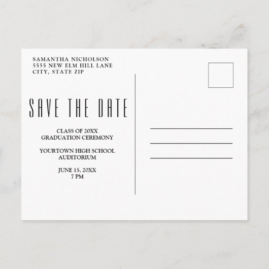 トレンディーモダンホワイト卒業4フォトコラージュ インビテーションポストカード (裏面)