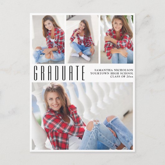 トレンディーモダンホワイト卒業4フォトコラージュ インビテーションポストカード (正面)