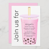 トレンディーモダンホワイト&ピンクボバティー誕生日 招待状 (正面/裏面)