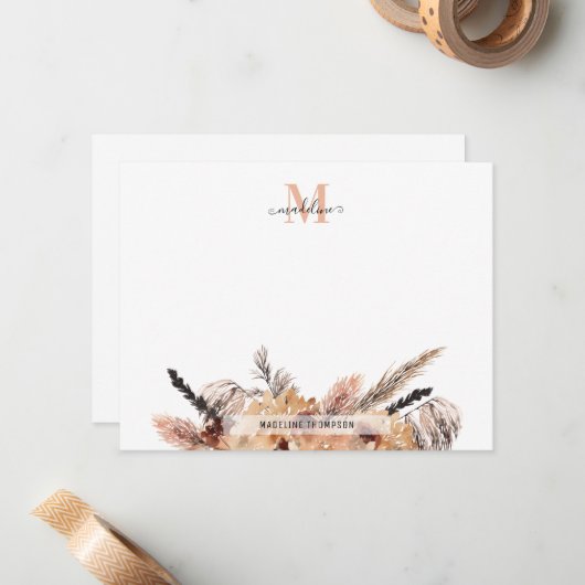 トレンディーモダンボホエレガントシックフローラモノグラム ノートカード (正面/裏面インサイチュ)