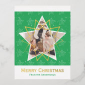 トレンディーモダンメリークリスマススターフォトグリーン 箔シーズンポストカード (正面)