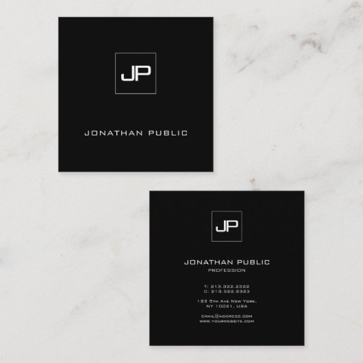 トレンディーモダンモノグラム白黒文字テンプレート スクエア名刺 (正面/裏面)