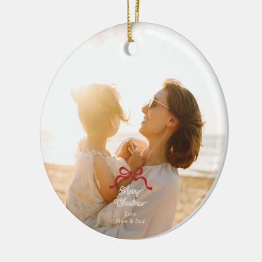 トレンディーモダンレッドレトロボウズ写真クリスマス セラミックオーナメント (左)