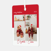 トレンディーモダンレッド&ホワイト名モノグラム3写真 メタルオーナメント (正面左)