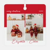 トレンディーモダンレッド&ホワイト名モノグラム3写真 メタルオーナメント (正面)