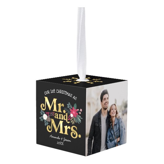 トレンディーモダンレトロタイポグラフィmrとmrs newlywed キューブオーナメント (裏面アングル)
