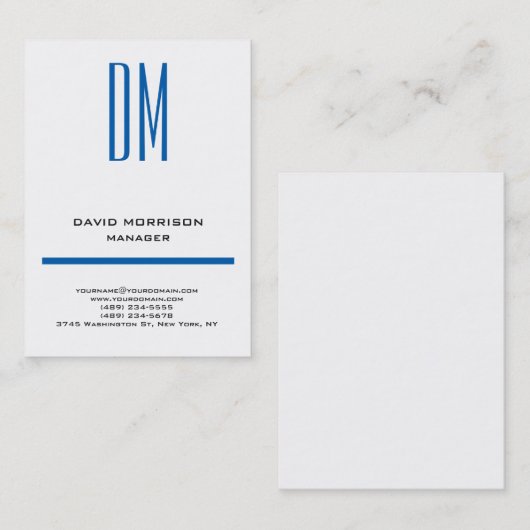 トレンディーモダン白シンプルブルーモノグラム 名刺 (正面/裏面)