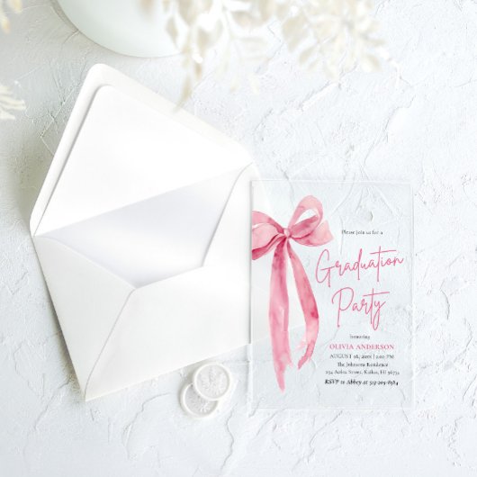 トレンディーモダン赤面ピンクボウ卒業パーティー アクリル招待状