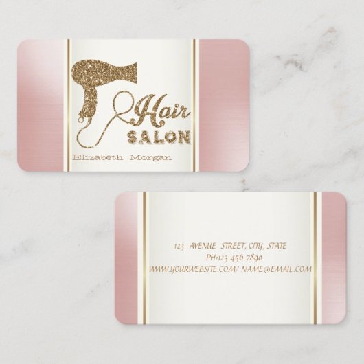 トレンディーモダン金ゴールドグリッターヘアドライヤー、ヘアサロン 名刺 (正面/裏面)