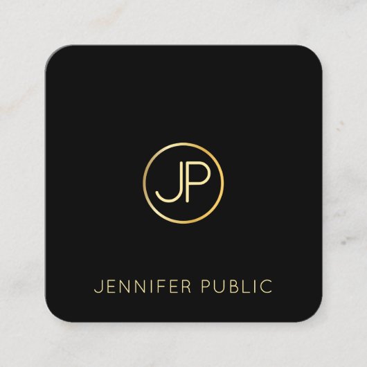 トレンディーモダン金ゴールドモノグラムブラックテンプレートエレガント スクエア名刺 (正面)