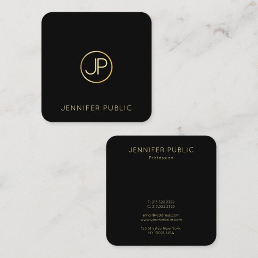 トレンディーモダン金ゴールドモノグラムブラックテンプレートエレガント スクエア名刺 (正面/裏面)