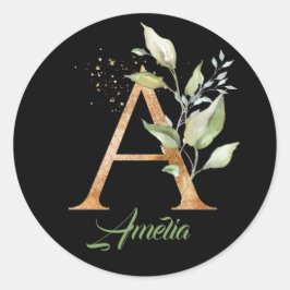 トレンディーモダンAモノグラムグリーンと金ゴールドフォイルブラック ラウンドシール