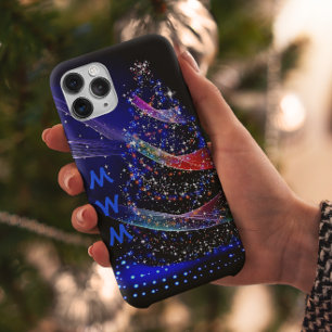 トレンディーモノグラムグリッタークリスマスツリーネイビー iPhone 14 PROケース