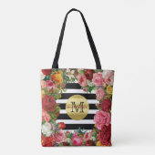 トレンディーモノグラムストライプバラ花金ゴールドグリッター トートバッグ (裏面)