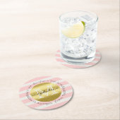 トレンディーモノグラム金ゴールドグリッター赤面ピンクストライプ ラウンドペーパーコースター (インサイチュ)