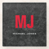 トレンディーユニークグレー赤モノグラムあなたの名前 ガラスコースター (正面)