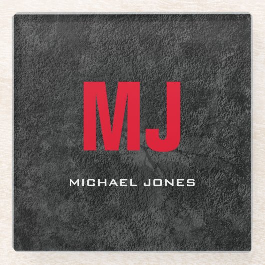 トレンディーユニークグレー赤モノグラムあなたの名前 ガラスコースター (正面)