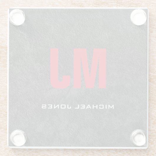 トレンディーユニークグレー赤モノグラムあなたの名前 ガラスコースター (裏面)