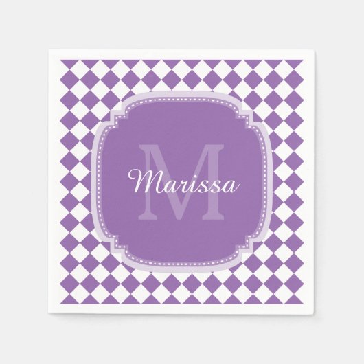 トレンディーライトパープルチェックモノグラムの名 スタンダードカクテルナプキン (正面)