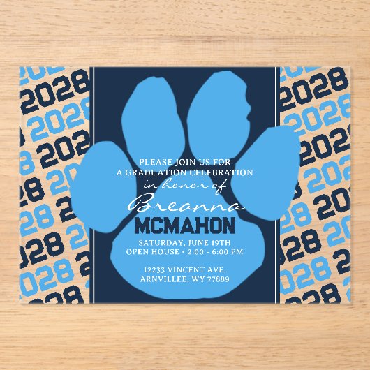 トレンディーライトブルー&ネイビー卒業ポープリント澄ん アクリル招待状 (正面)