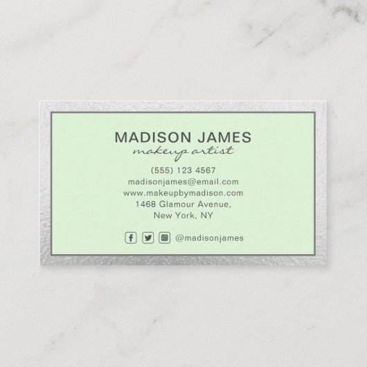 トレンディーライムグリーンシルバーシモダンックメイクアップアーティスト 名刺 (裏面)