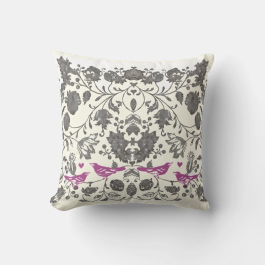 トレンディーラディアントパープルとグレーのヴィンテージフローラバード クッション (正面)
