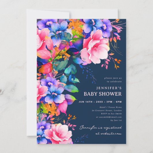 トレンディーレインボーガーデンフローラベビーシャワーネイビー 招待状 (正面)