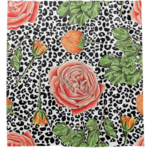 トレンディーレオパードプリントシックオレンジバラフローラ シャワーカーテン (正面)