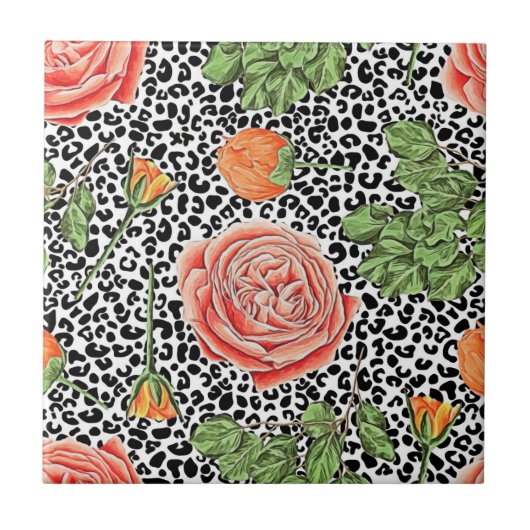 トレンディーレオパードプリントシックオレンジバラフローラ タイル (正面)
