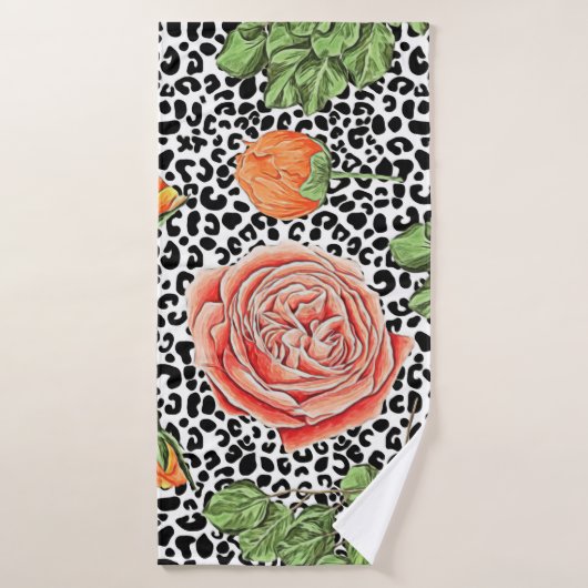 トレンディーレオパードプリントシックオレンジバラフローラ バスタオル (バスタオル)