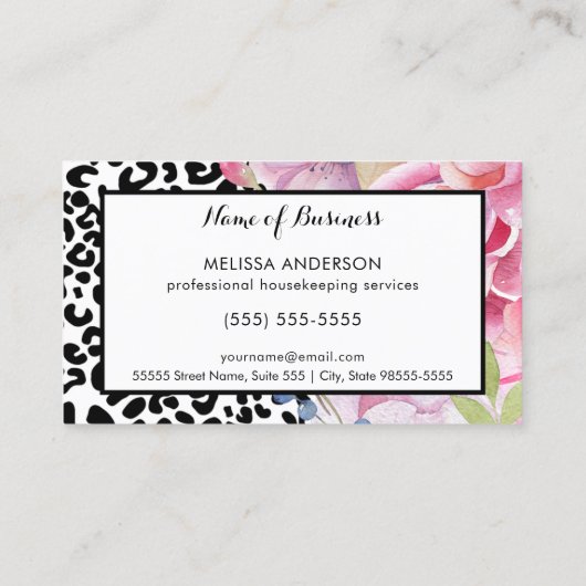 トレンディーレオパードプリントフローラハウスキーパー&バキューム 名刺 (裏面)