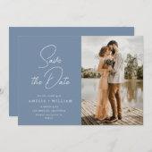 トレンディーレタリングほこりっぽいブルーウェディング日付を保存 セーブザデート (正面/裏面)