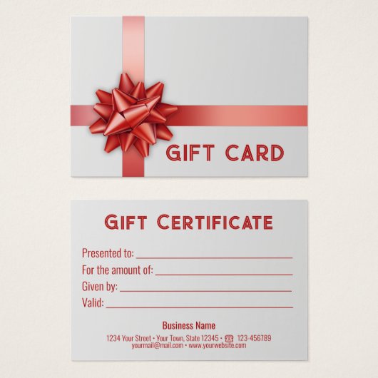 トレンディーレッドギフト弓サテンリボンホワイトギフトカード (正面&裏面)