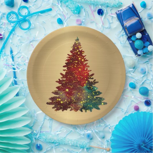 トレンディーレッドグリーンウォーター色ツリー金ゴールドクリスマス ペーパープレート (パーティー)