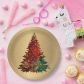 トレンディーレッドグリーンウォーター色ツリー金ゴールドクリスマス ペーパープレート (パーティー)