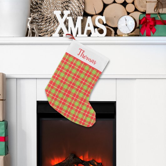 トレンディーレッドグリーンフェスティバルパターン素朴タータンチェック スモールクリスマスストッキング