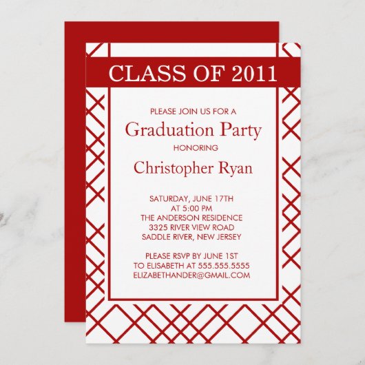 トレンディーレッドストライプズ卒業招待状 招待状 (正面/裏面)