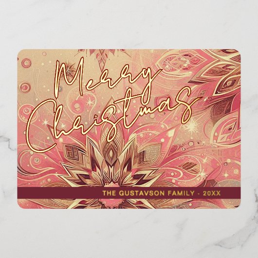 トレンディーレッドピンク抽象芸術スノーフレークフローラアート金ゴールド 箔シーズンカード (正面)