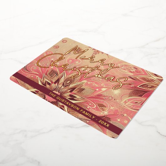 トレンディーレッドピンク抽象芸術スノーフレークフローラアート金ゴールド 箔シーズンカード (回転した状態)