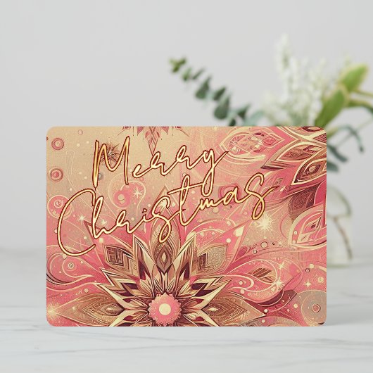 トレンディーレッドピンク抽象芸術スノーフレークフローラアート金ゴールド 箔シーズンカード (立ち正面)