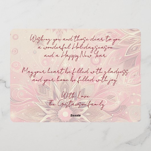 トレンディーレッドピンク抽象芸術スノーフレークフローラアート金ゴールド 箔シーズンカード (裏面)