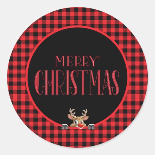 トレンディーレッドブラックバッファローチェックとトナカイ ラウンドシール (正面)