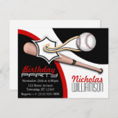 トレンディーレッドベースボール誕生日招待状 招待状 (正面/裏面)