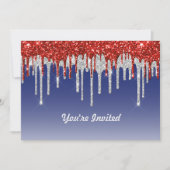 トレンディーレッドホワイトアンドブルーグリッタードリップス誕生日 招待状 (正面)