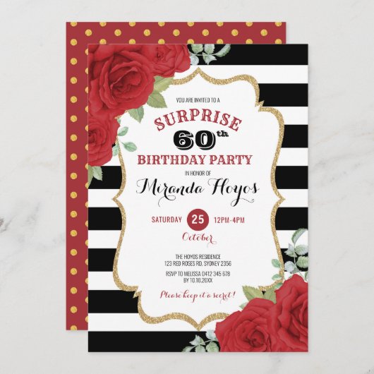 トレンディーレッドローズ60thサプライズ誕生日 招待状 (正面/裏面)