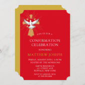 トレンディーレッド金ゴールドクロスホワイト鳩の確認 招待状 (正面/裏面)