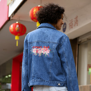 トレンディーレッド&ピンクフローラモノグラム デニムジャケット