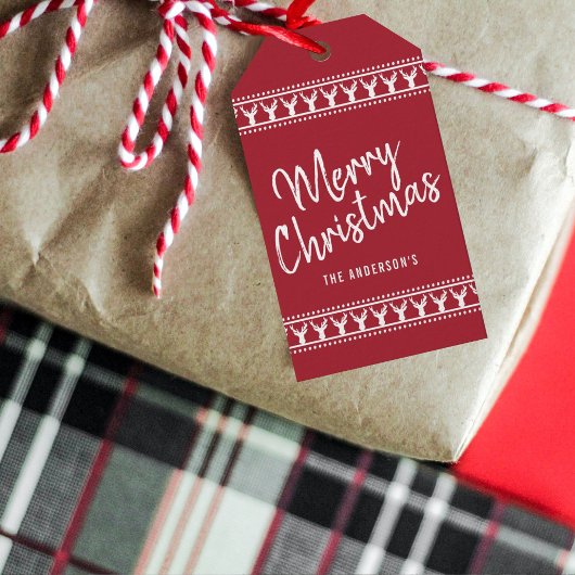 トレンディーレッド&ホワイトディアータイポグラフィメリークリスマス ギフトタグ