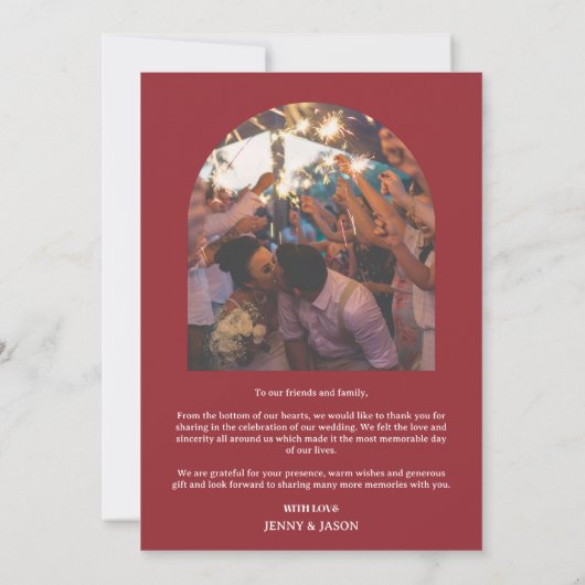 トレンディーレトロアーチレ結婚ッドの写真サンキューカード 案内状 (裏面)